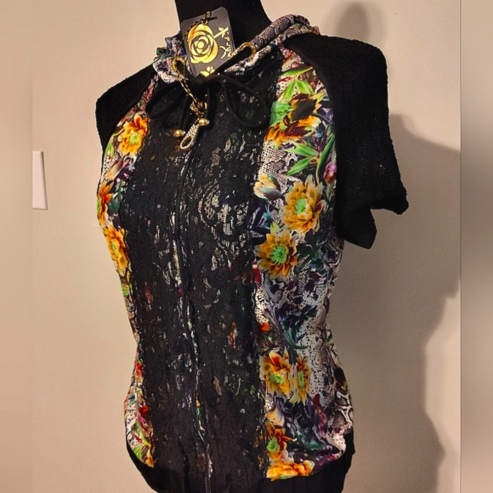 Turkish Made Mixed Media Stylish Zip Up, Mesh Sleeve Blouse